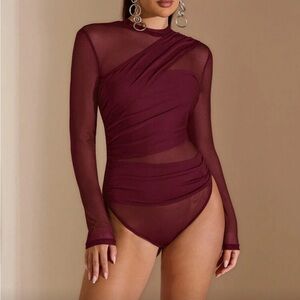 Sheer Draped Long-Sleeve Bodysuit - Burgundy
